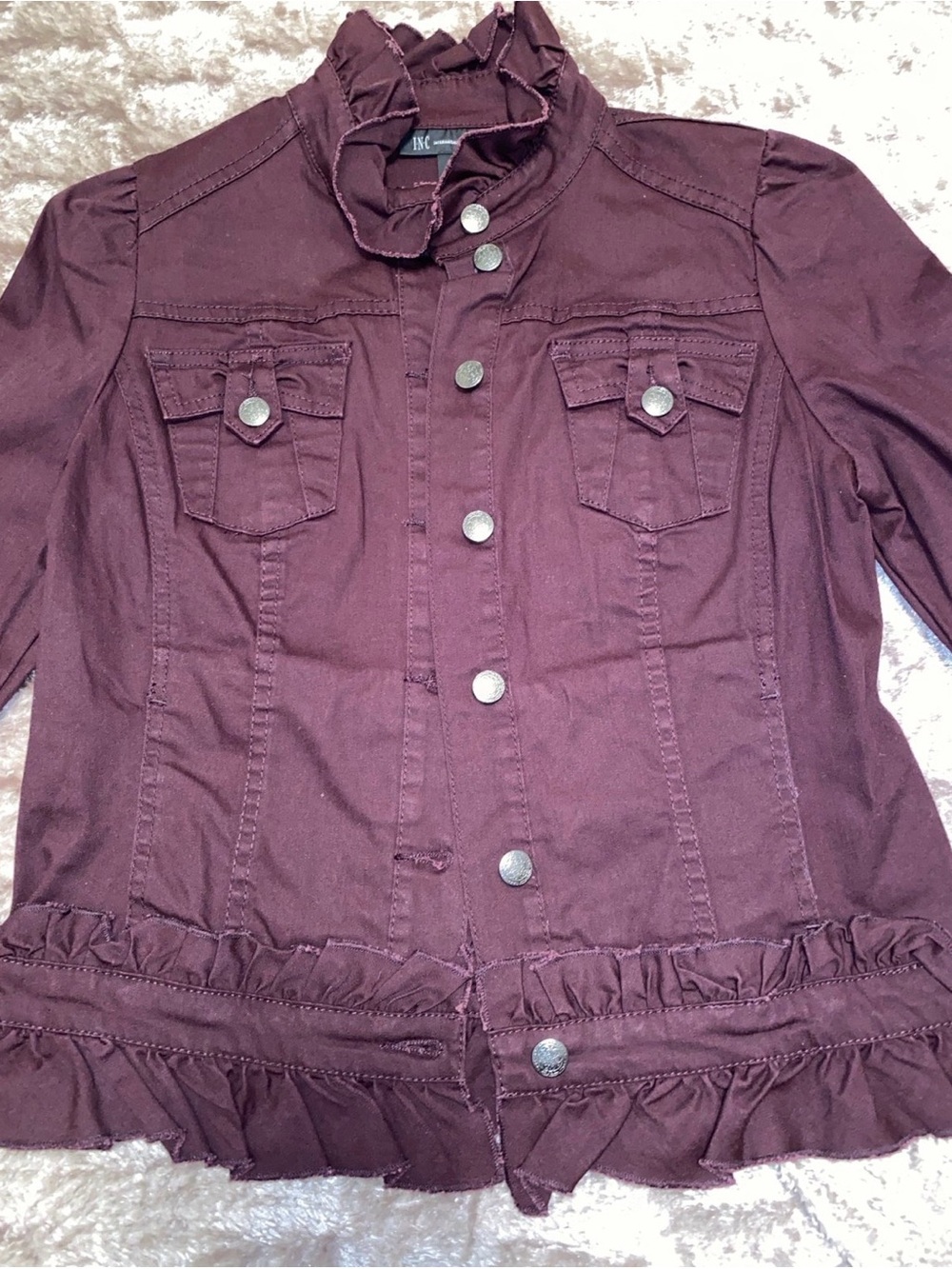 INC International Concepts Burgundy Ruffle-Trim Jean Jacket